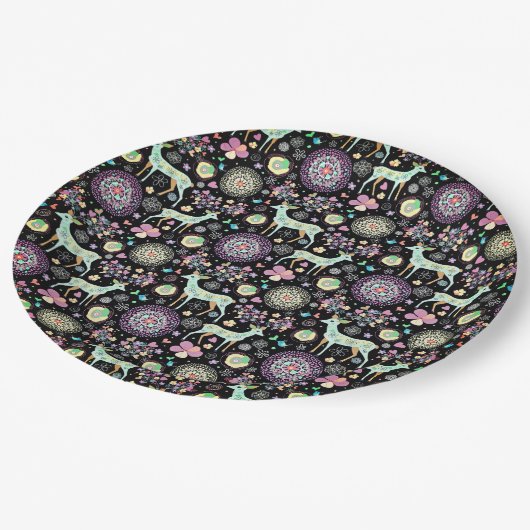 Hirsche Blume Schneeflocken Herzvögel Pappteller (Schrägansicht)