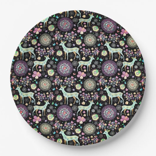 Hirsche Blume Schneeflocken Herzvögel Pappteller (Vorderseite)