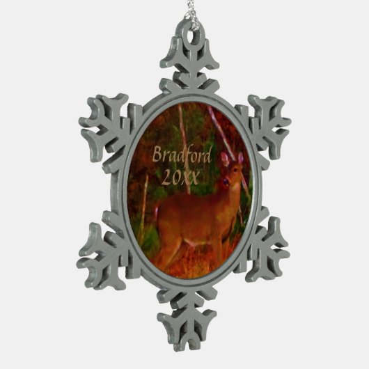 Hirsche des Jägers, Datum des Namens personalisier Schneeflocken Zinn-Ornament (Links)