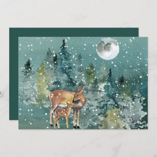 Hirsche Down Forest Full Moon Snowfall Wasserfarbe Feiertagskarte