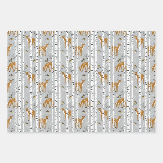 Hirsche Fawns White Birrest Forest Birds Gift Geschenkpapier Set (Vorderseite)