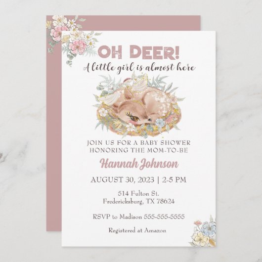 Hirsche Floral Fall Baby Girl Dusche Einladung (Vorne/Hinten)