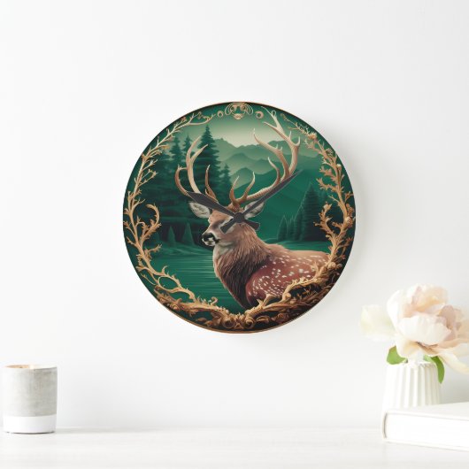 Hirsche gegen einen Bergwald Große Wanduhr (Zuhause)