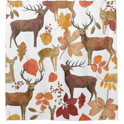 Hirsche, Herbstblätter: Aquarellmuster. Duschvorhang (Vorderseite)