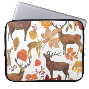 Hirsche, Herbstblätter: Aquarellmuster. Laptopschutzhülle
