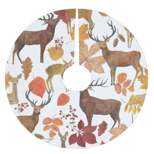 Hirsche, Herbstblätter: Aquarellmuster. Polyester Weihnachtsbaumdecke (Vorderseite)