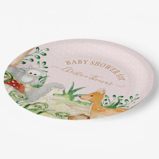 Hirsche Igel Woodland Creatures Baby Girl Shower Pappteller (Schrägansicht)