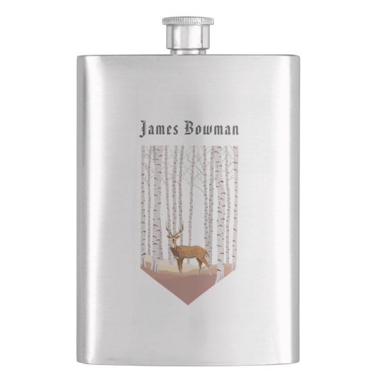 Hirsche im Birkenwald / Personalisierter Name Flachmann (Vorderseite)