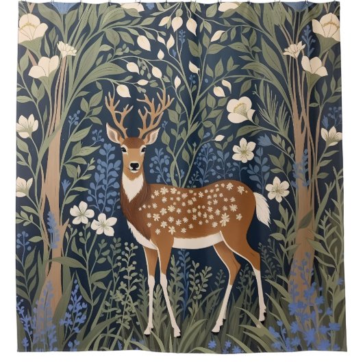 Hirsche im Bluebellwald William Morris Inspiriert Duschvorhang (Vorderseite)