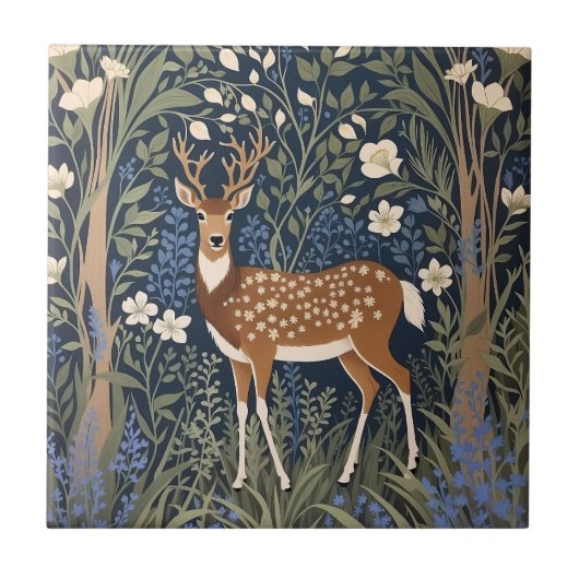 Hirsche im Bluebellwald William Morris Inspiriert Fliese (Vorderseite)