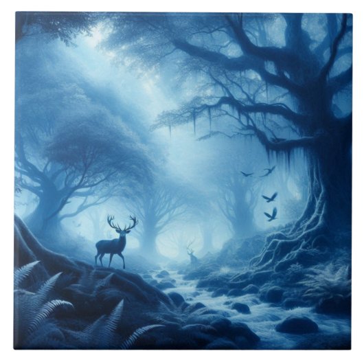 Hirsche im Dunklen Wald der blauen Haze Fliese (Vorderseite)