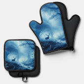 Hirsche im Dunklen Wald der blauen Haze Ofenhandschuh & Topflappen-Set (Vorderseite/Rückseite)