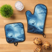 Hirsche im Dunklen Wald der blauen Haze Ofenhandschuh & Topflappen-Set (Oben Unten)