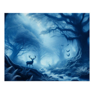 Hirsche im Dunklen Wald der blauen Haze Poster