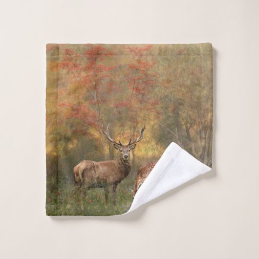 Hirsche im herbstlichen Waldteppich Badhandtuch Set (Waschlappen)