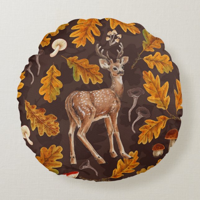 Hirsche im Herbstwald 2 Rundes Kissen (Vorderseite)