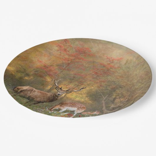 Hirsche im Herbstwald Pappteller (Schrägansicht)