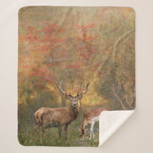 Hirsche im Herbstwald Sherpadecke (Vorderseite)