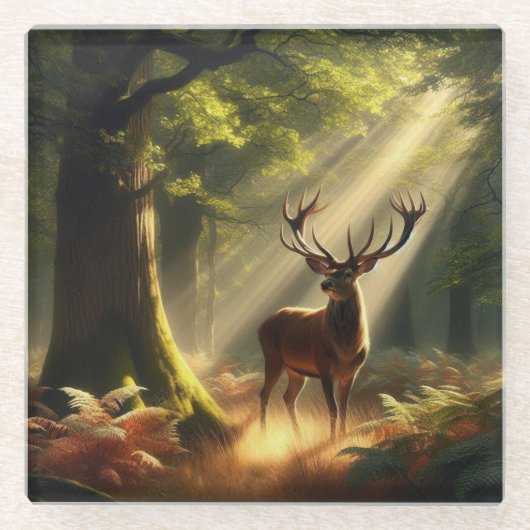Hirsche im Morgenwald Glasuntersetzer (Vorderseite)