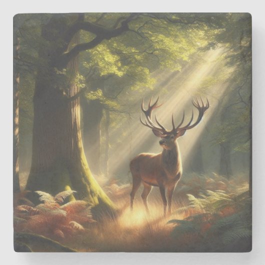 Hirsche im Morgenwald Steinuntersetzer (Vorderseite)