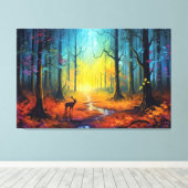 Hirsche im Regenbogen-Herbstwald Leinwanddruck (Insitu (Holzboden))