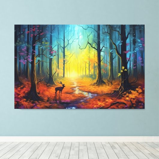 Hirsche im Regenbogen-Herbstwald Leinwanddruck (Insitu (Holzboden))