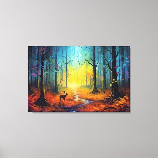Hirsche im Regenbogen-Herbstwald Leinwanddruck (Vorderseite)