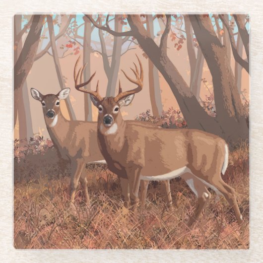 Hirsche im Retrostil des Waldes Glasuntersetzer (Vorderseite)