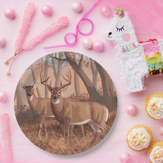 Hirsche im Retrostil des Waldes Pappteller (Party)