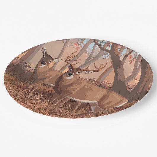 Hirsche im Retrostil des Waldes Pappteller (Schrägansicht)
