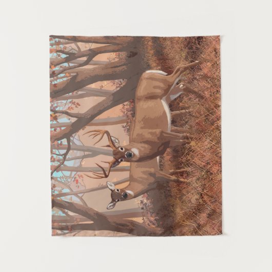 Hirsche im Retrostil des Waldes Wandteppich (Vorderseite)