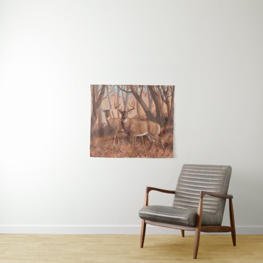 Hirsche im Retrostil des Waldes Wandteppich (Beispiel (Horizontal))
