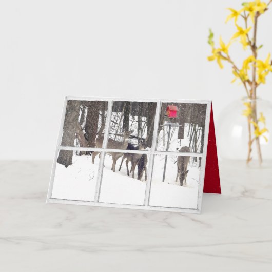 Hirsche im Schnee und Vogelhaus im Schneeflockenfe Karte (Gelbe Blume)