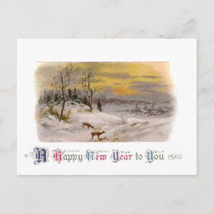 Hirsche im Schnee Vintage Neujahr Feiertagspostkarte