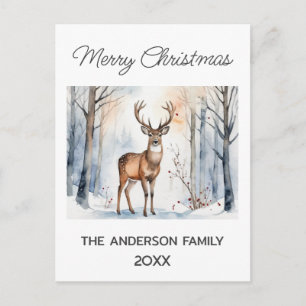 Hirsche im schneebedeckten Wald Weihnachtsbäume Aq Postkarte