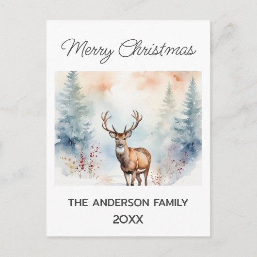 Hirsche im Schneewald Weihnachtsbaumen Wasserfarbe Postkarte (Vorderseite)