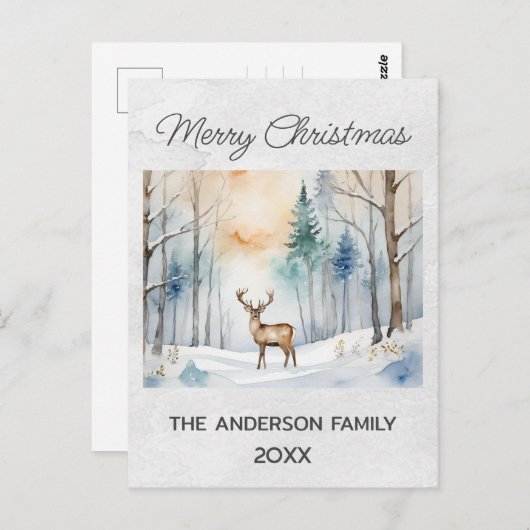 Hirsche im Schneewald Weihnachtsbaumen Wasserfarbe Postkarte (Vorne/Hinten)