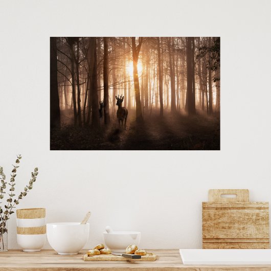 Hirsche im Wald bei Sonnenaufgang in Norfolk Engla Poster (Küche)