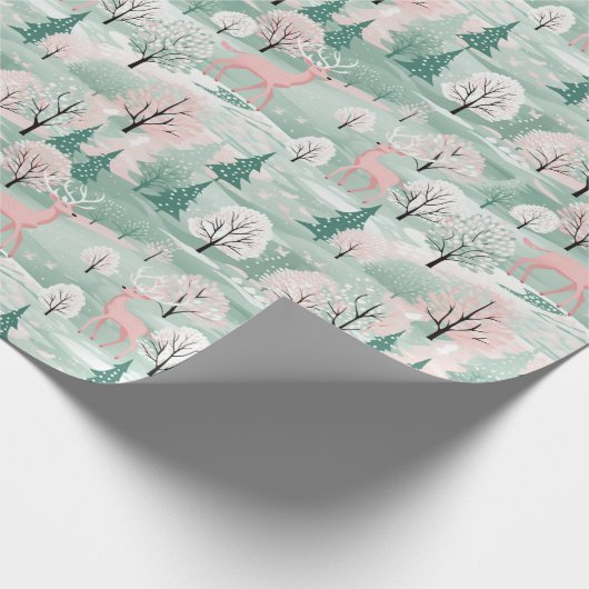 Hirsche im Wald Mint Grün und Rosa Weihnachten Geschenkpapier (Ecke)