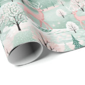 Hirsche im Wald Mint Grün und Rosa Weihnachten Geschenkpapier (Rolleneckpunkt)