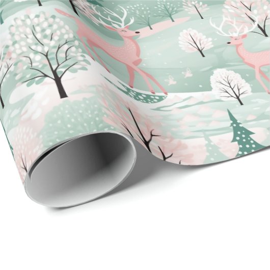 Hirsche im Wald Mint Grün und Rosa Weihnachten Geschenkpapier (Rolleneckpunkt)