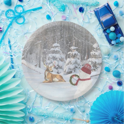 Hirsche im Wald mit Weihnachtsschneemann Pappteller (Party)