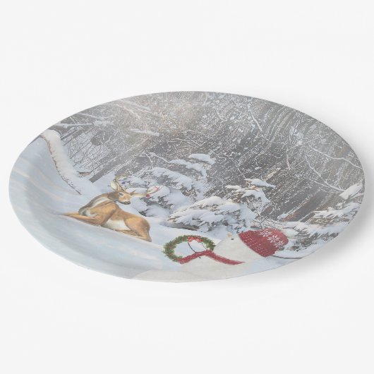 Hirsche im Wald mit Weihnachtsschneemann Pappteller (Schrägansicht)