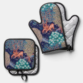 Hirsche im Wald, William Morris Ofenhandschuh & Topflappen-Set (Vorderseite/Rückseite)
