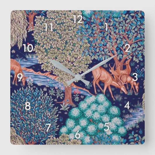 Hirsche im Wald, William Morris Quadratische Wanduhr (Vorderseite)