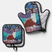 Hirsche im Winter Ofenhandschuh & Topflappen-Set (Vorderseite/Rückseite)
