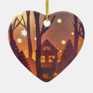 Hirsche im Winterwald bei Nacht Keramik Ornament