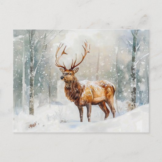 Hirsche im Winterwald mit Schnee Aquarellmalerei Postkarte (Vorderseite)