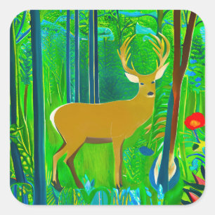 Hirsche in einem Fantasy-Wald Quadratischer Aufkleber