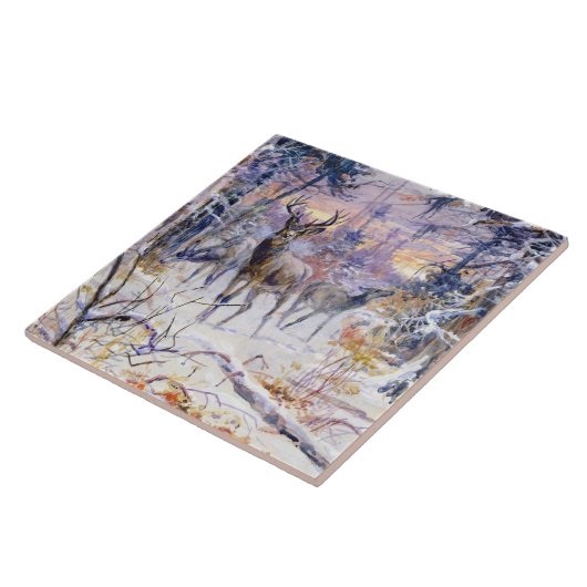 Hirsche in einem Schneewald (Wintersaison) Fliese (Seite)